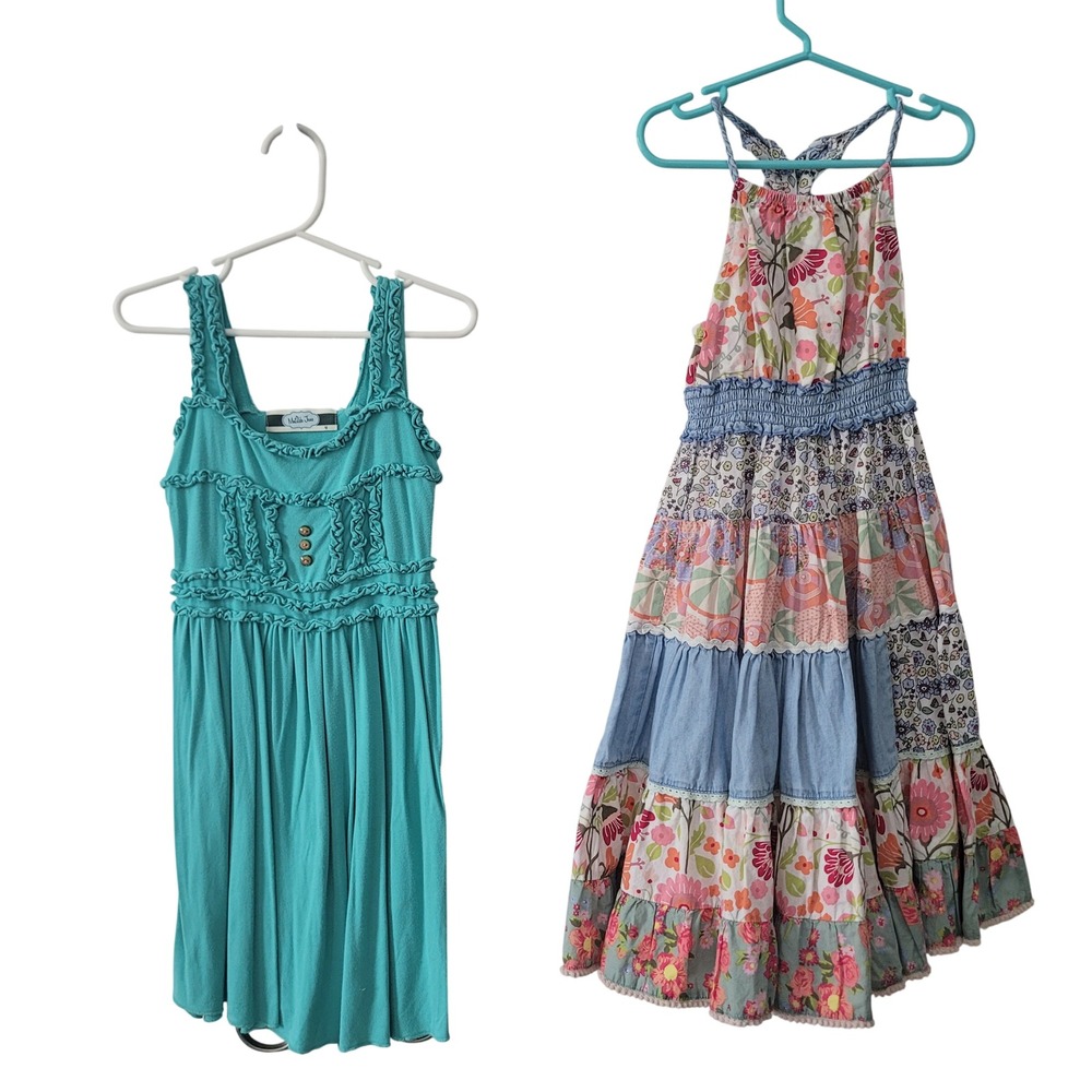 Matilda Jane Lot of 2 Size‎ 4 Dress Floral Ruffle Boho Tiered Teal Multicolor